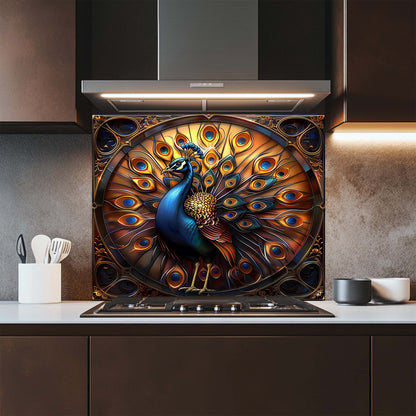 Decorative peacock design on a kitchen splashback with modern kitchen elements.