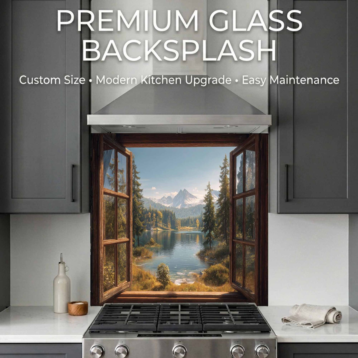 Kitchen with a scenic glass backsplash featuring a lake and mountains.
