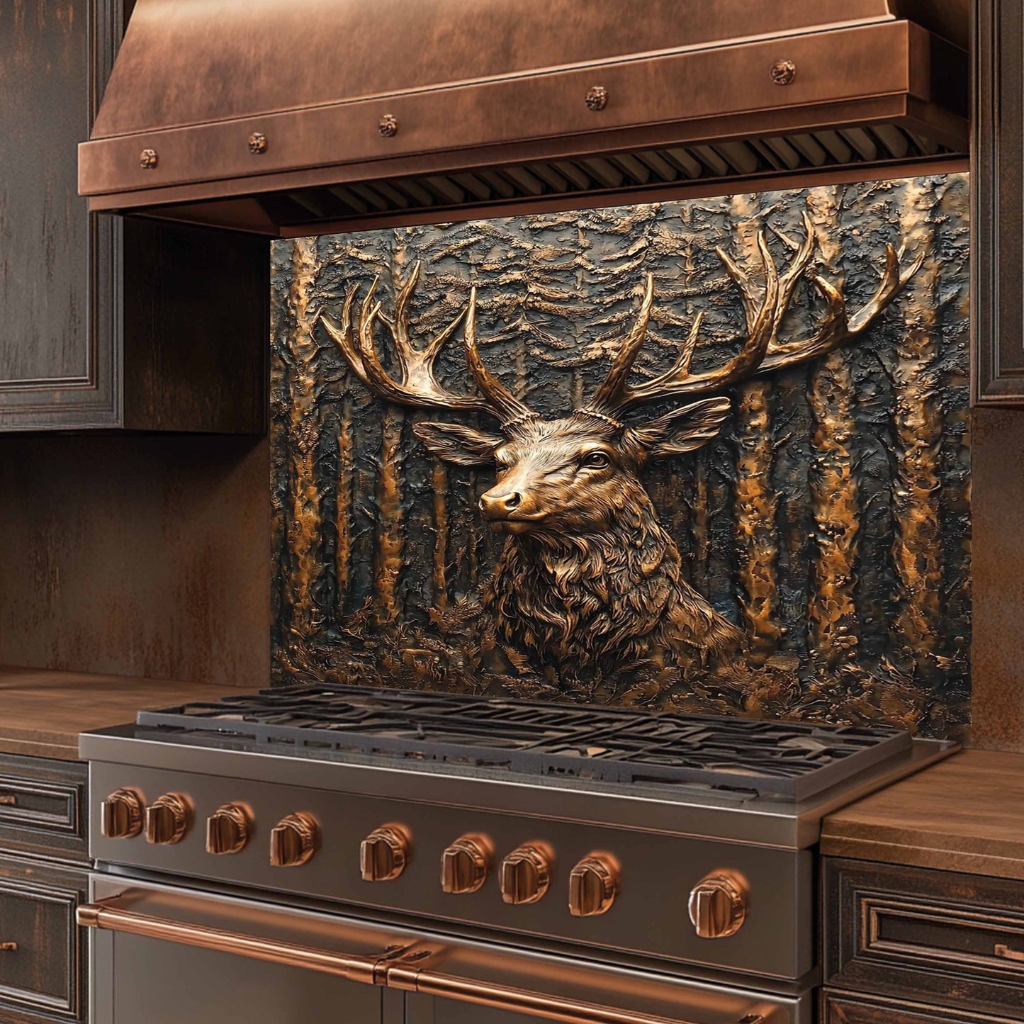Stainless steel stove with bronze deer head design on the back splash