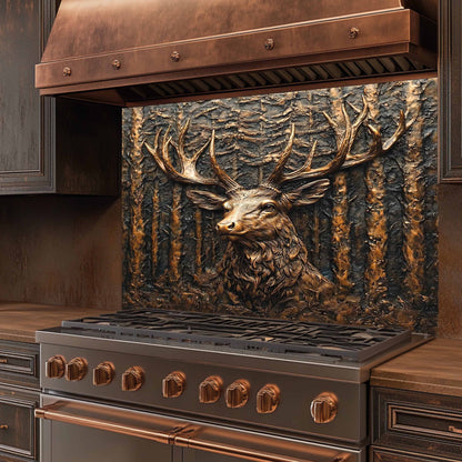 Stainless steel stove with bronze deer head design on the back splash