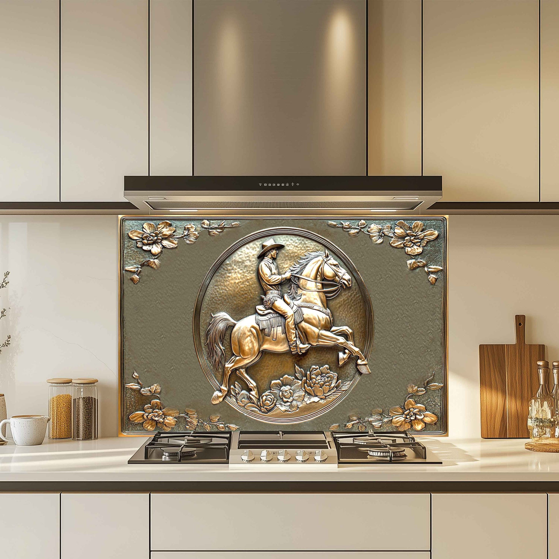Decorative backsplash with a horse and rider design in a kitchen setting