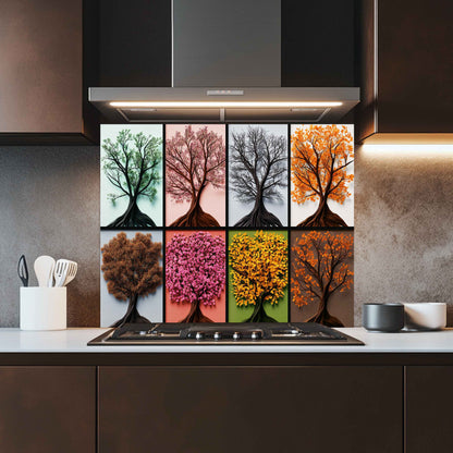 Kitchen with a decorative backsplash featuring nine tree illustrations in different seasons.