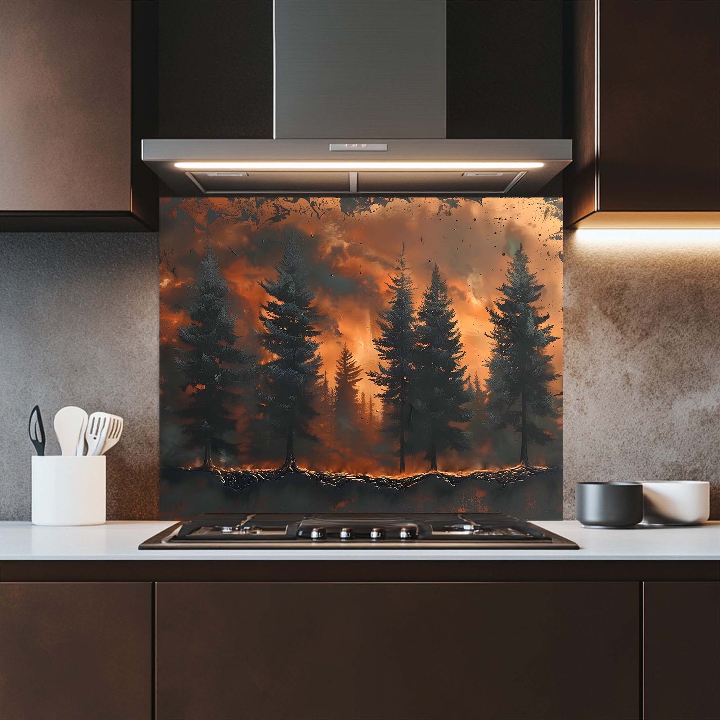 Kitchen with a decorative glass backsplash featuring a forest scene.