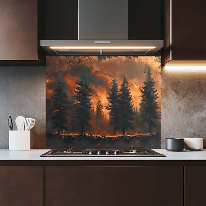 Kitchen with a decorative glass backsplash featuring a forest scene.