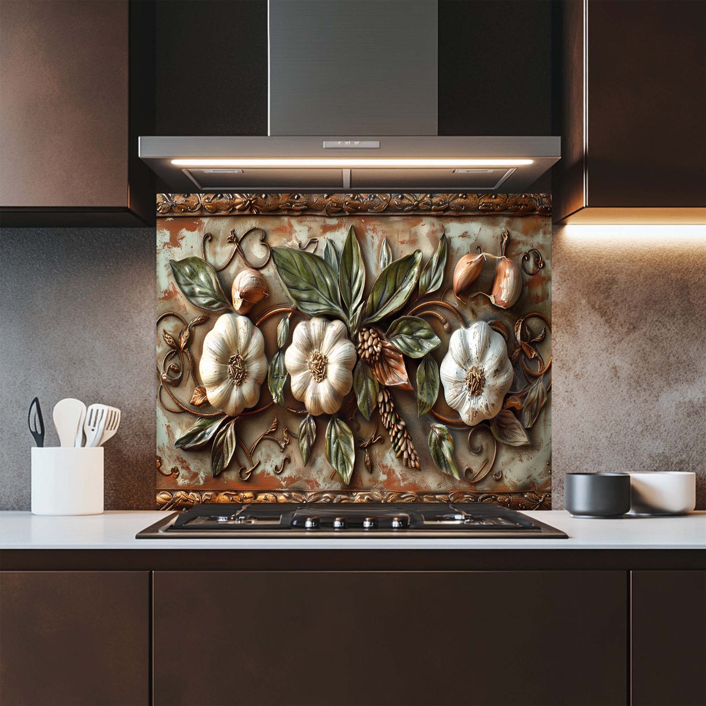 Decorative glass backsplash with floral and pumpkin design above a kitchen stove.