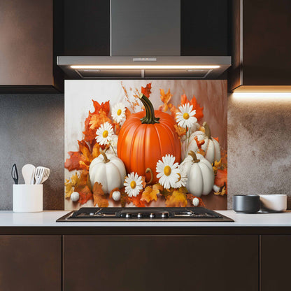 Kitchen with a decorative backsplash featuring pumpkins and autumn leaves.