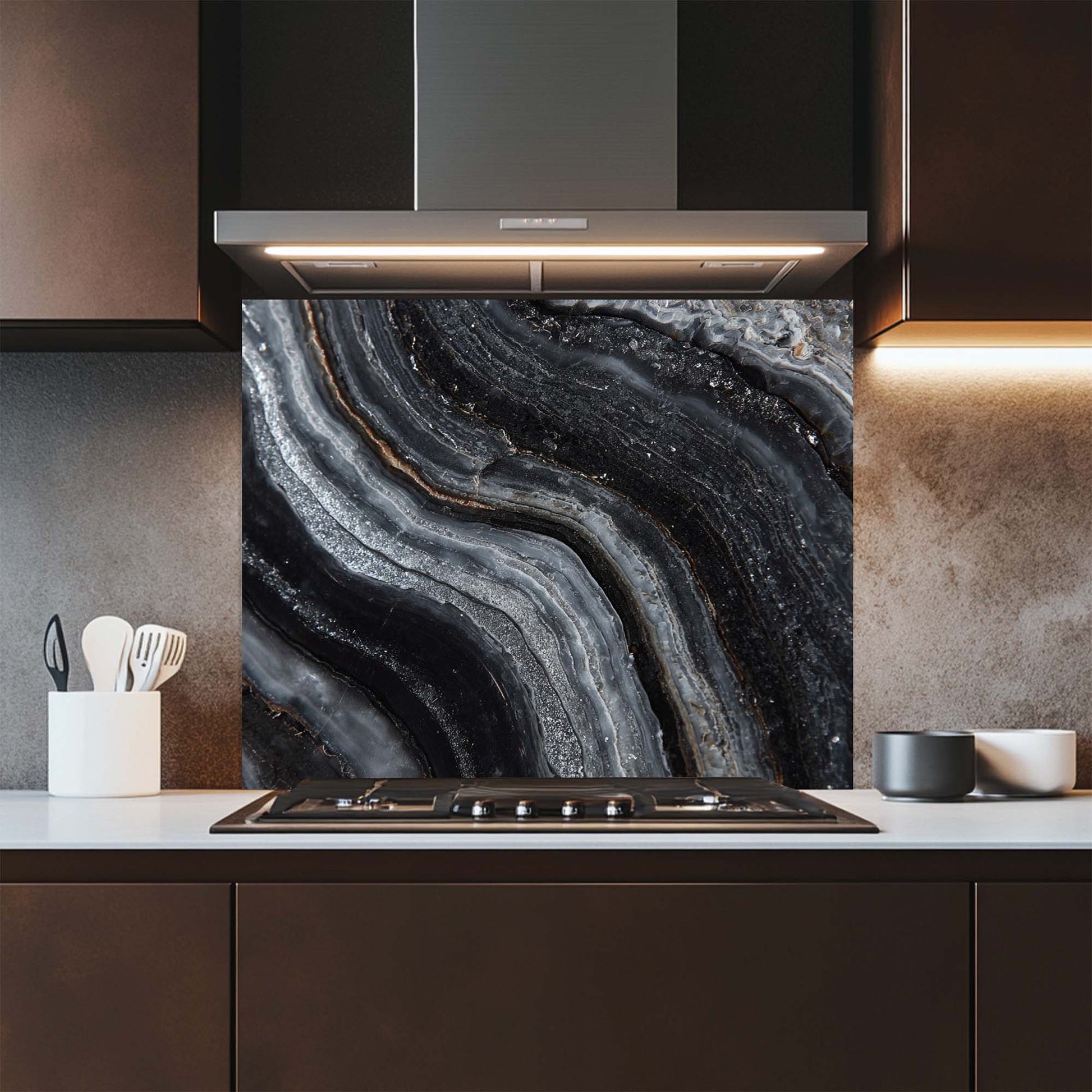 Modern kitchen with black agate patterned glass splashback