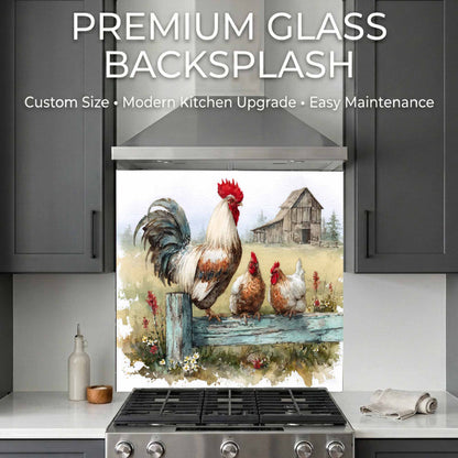 Decorative glass backsplash with rooster design in a kitchen setting