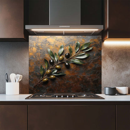 Modern kitchen with decorative glass backsplash featuring leaves and olives.