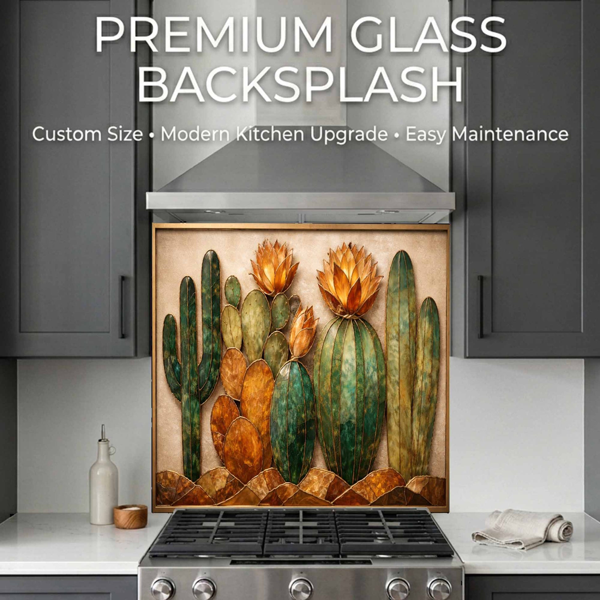 Kitchen with a decorative glass backsplash featuring cacti art, with text about premium glass backsplash.
