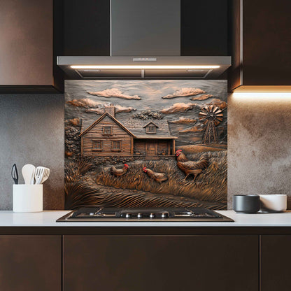 Kitchen with a decorative glass splashback featuring a farm scene.