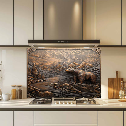Kitchen with a decorative backsplash featuring a bear and mountain scene.