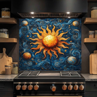 Kitchen stove with a decorative backsplash featuring a sun and celestial design.