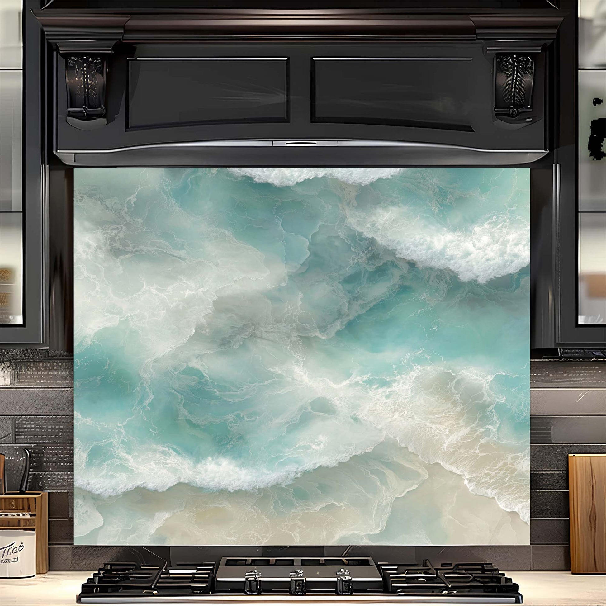Black oven with a decorative glass backsplash featuring ocean waves and beach scene