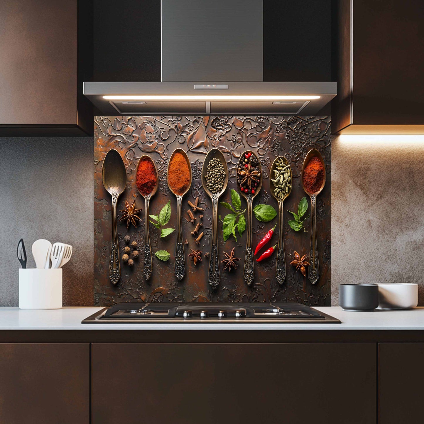 Decorative backsplash with spoons and spices in a kitchen setting