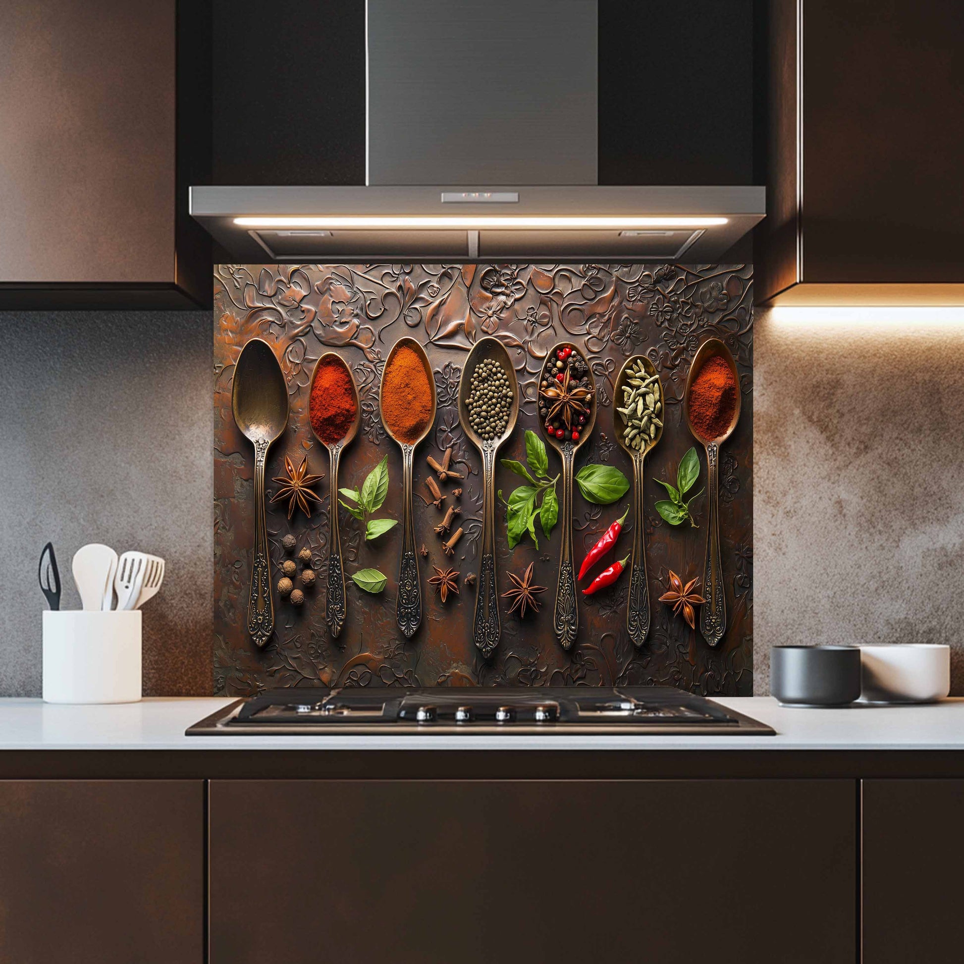 Decorative backsplash with spoons and spices in a kitchen setting