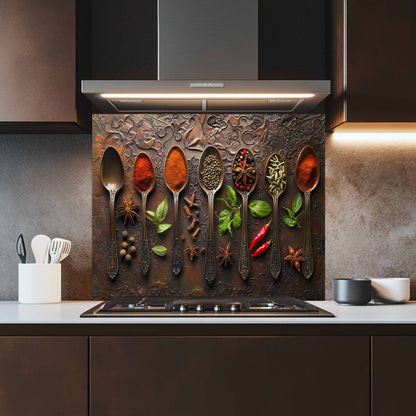 Decorative backsplash with spoons and spices in a kitchen setting