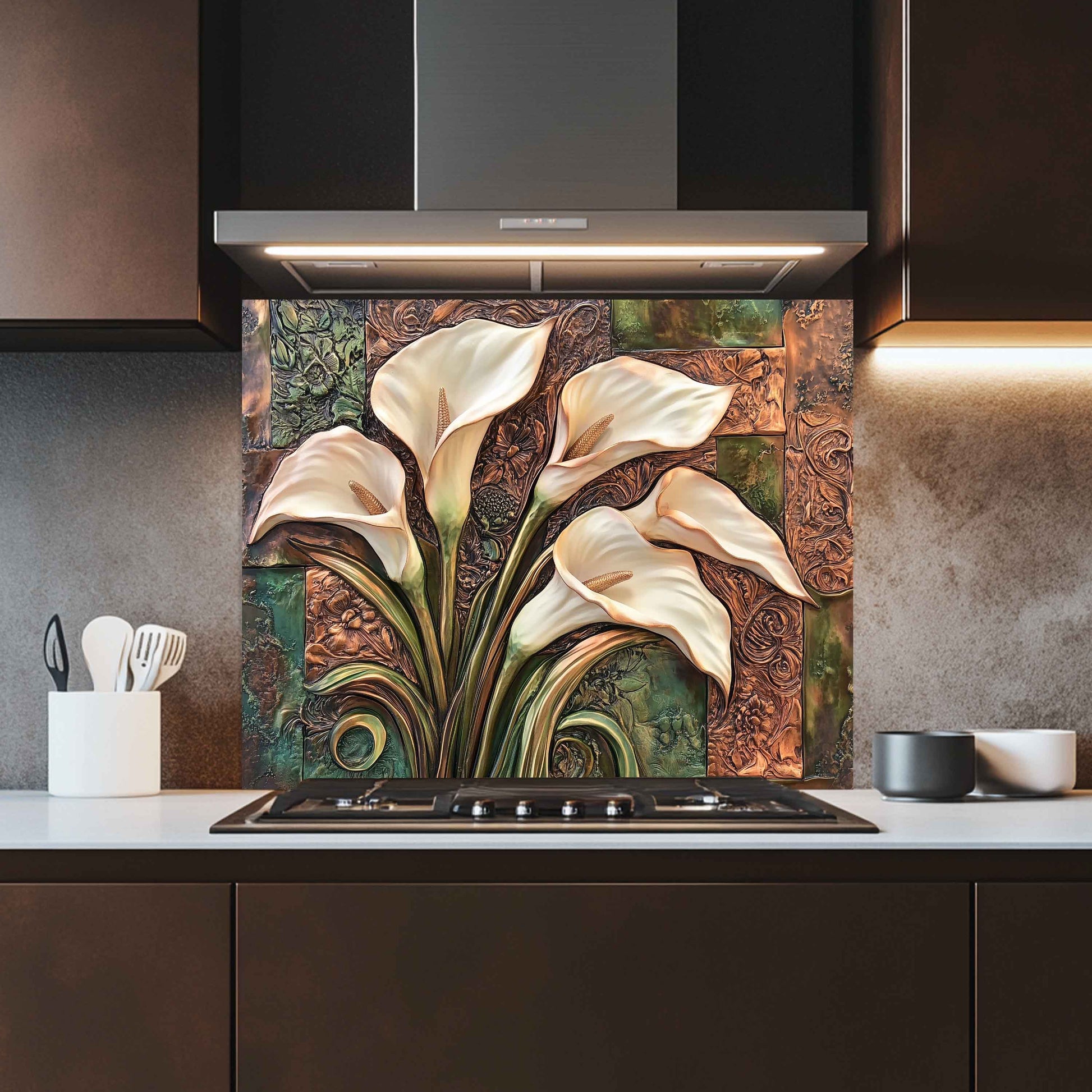 Kitchen with a decorative glass splashback featuring floral design