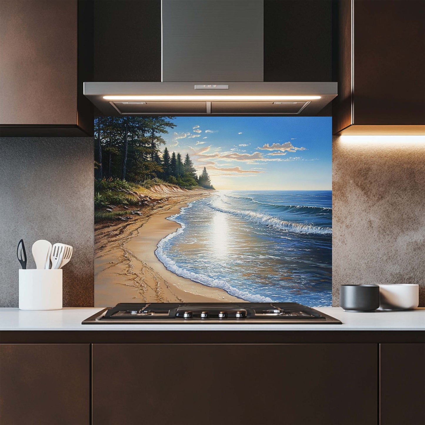 Tempered glass backsplash featuring pine trees and coastal shoreline at sunset – perfect for rustic or beach-themed kitchens.