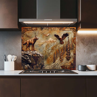Decorative glass splashback with nature-themed design in a kitchen