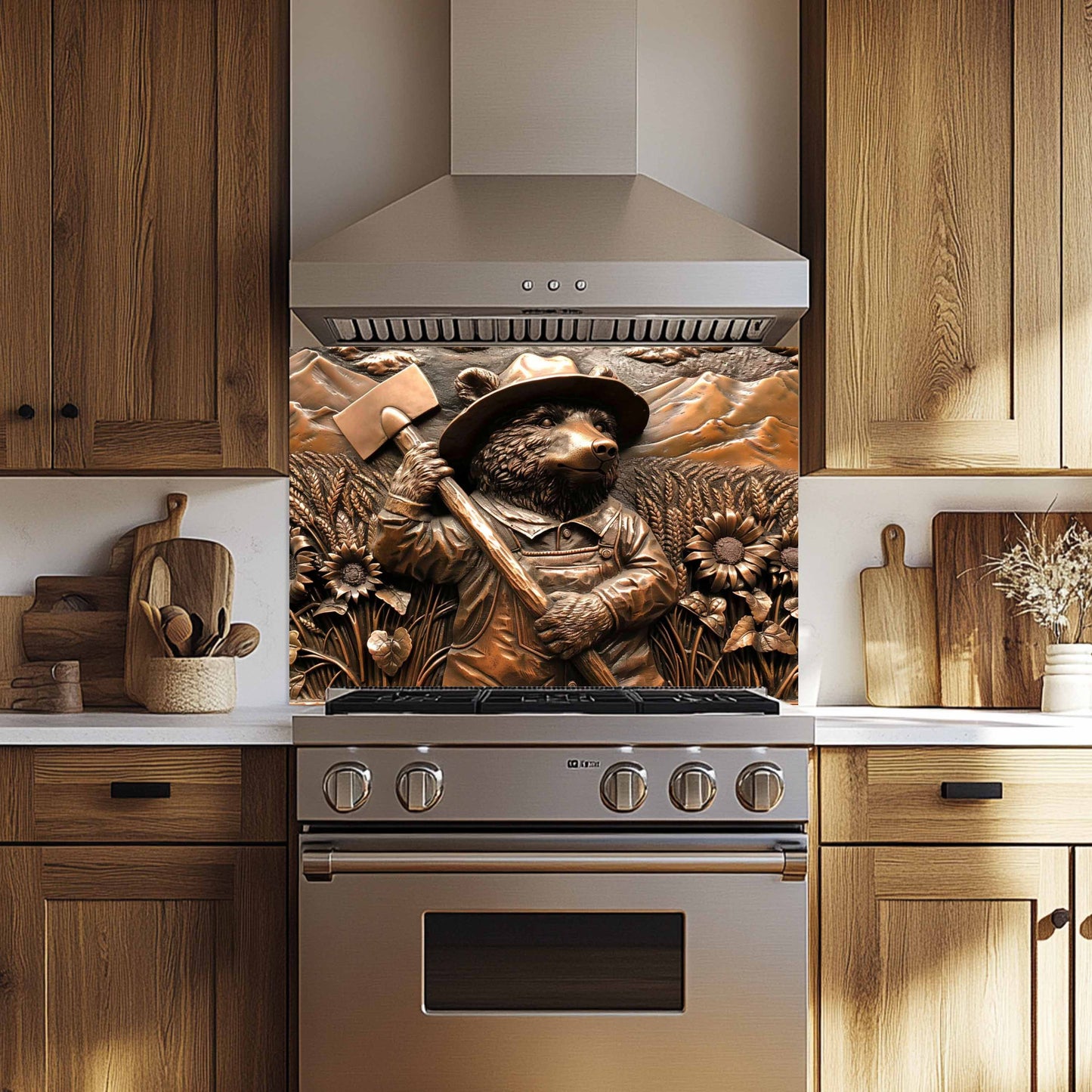 Stainless steel oven with decorative glass backsplash in a kitchen setting