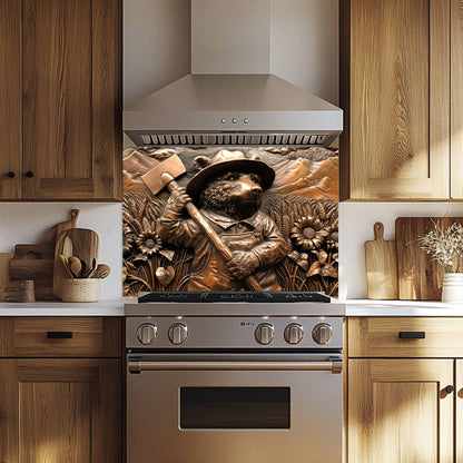 Stainless steel oven with decorative glass backsplash in a kitchen setting