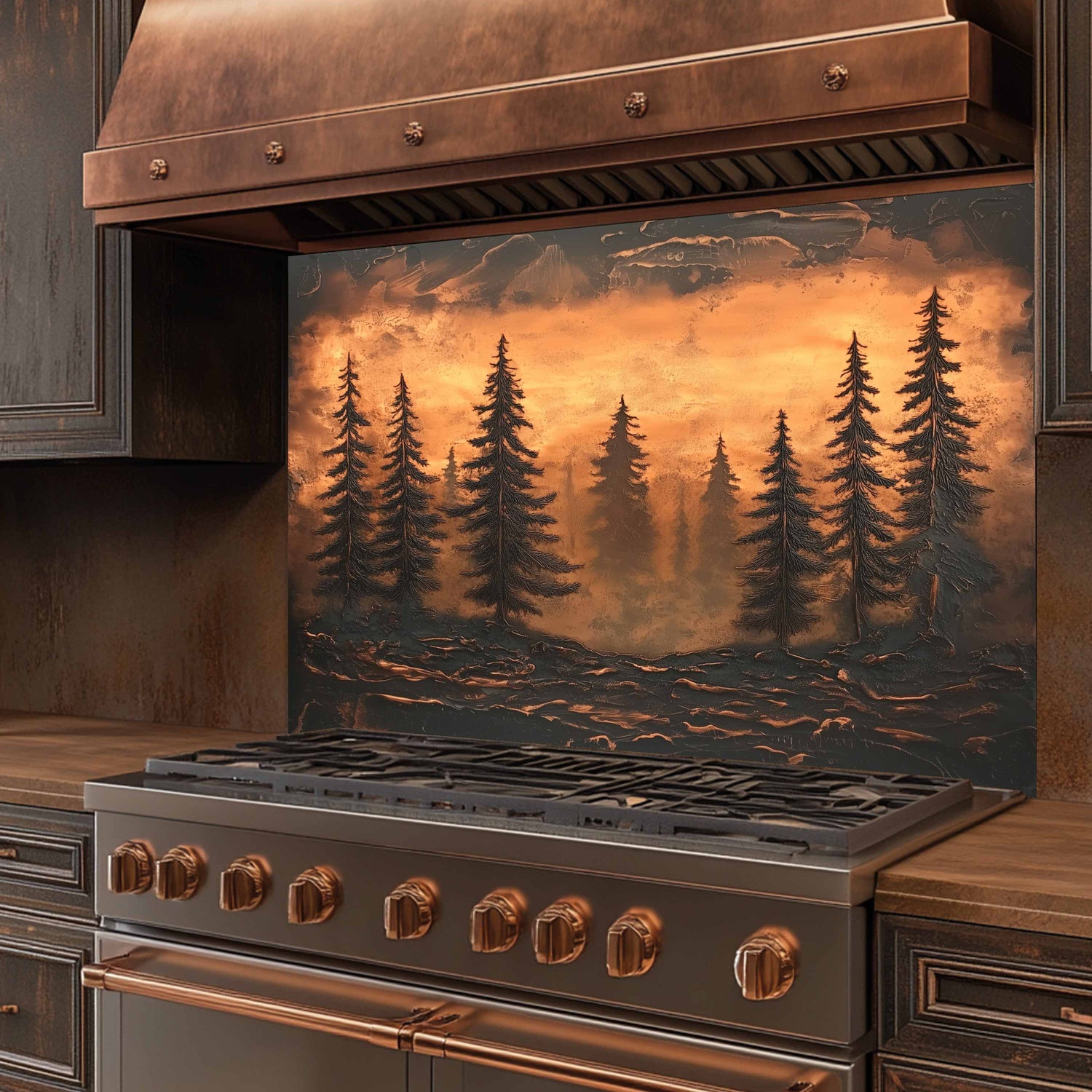 Stainless steel stove with copper accents and a decorative backsplash featuring trees and mountains.