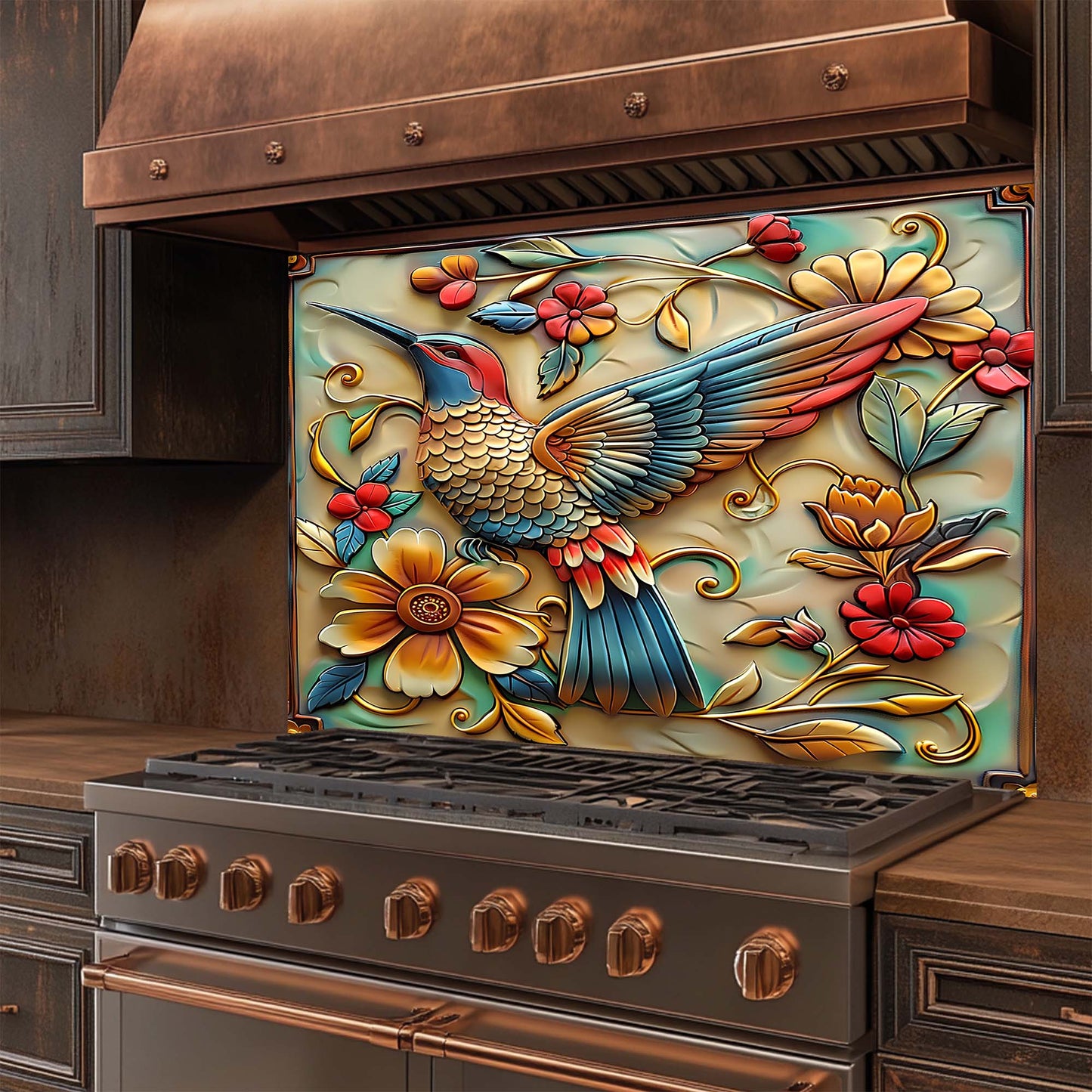 Decorative glass backsplash with a colorful bird and floral design on a kitchen stove.
