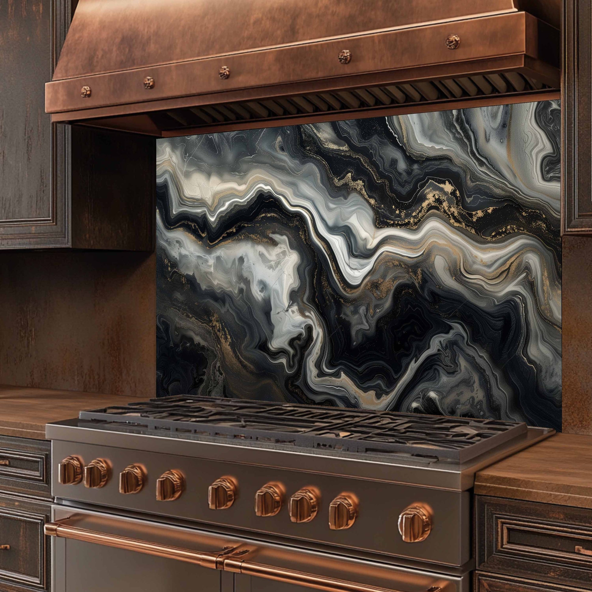 Stainless steel stove with copper accents and a marbled backsplash in a kitchen setting.