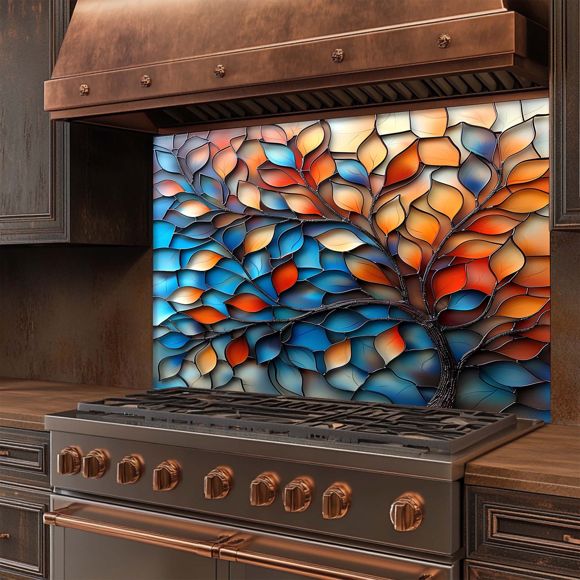 Stainless steel stove with a colorful stained glass backsplash