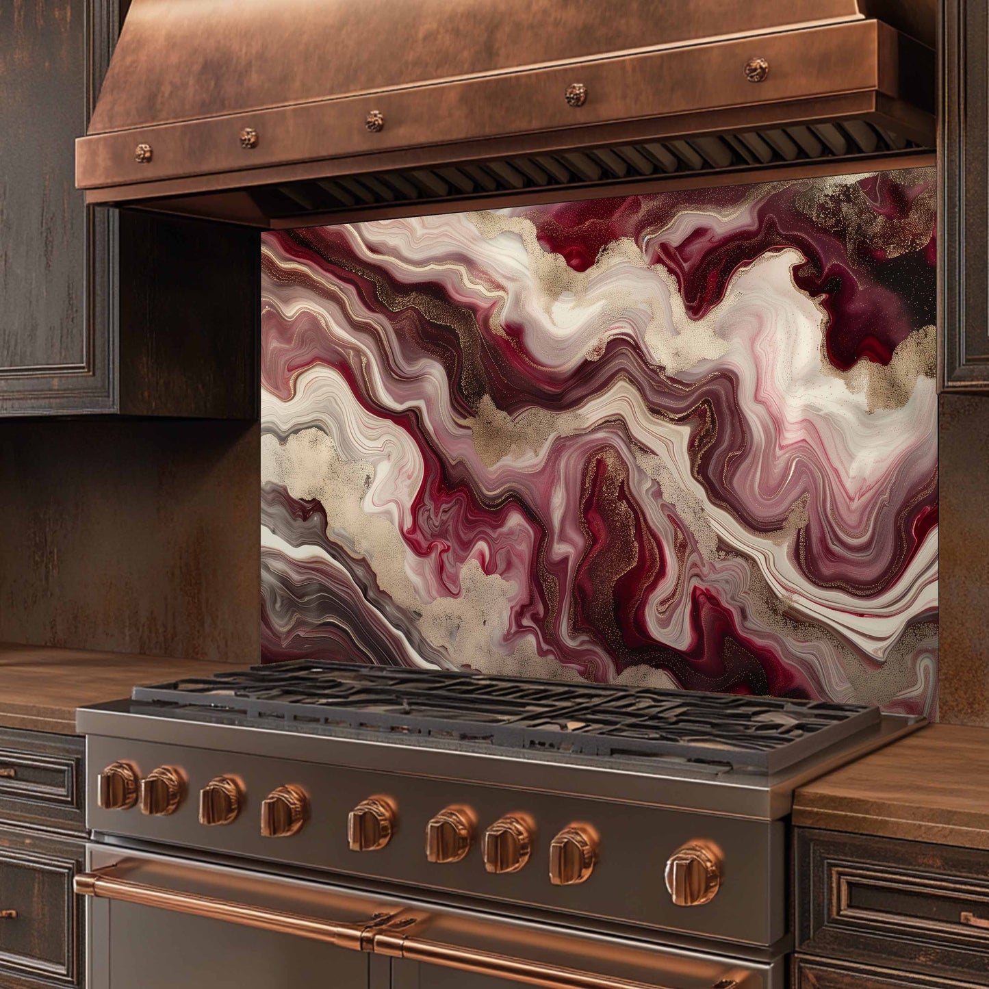 Stainless steel stove with copper accents and a marbled backsplash in a kitchen setting.