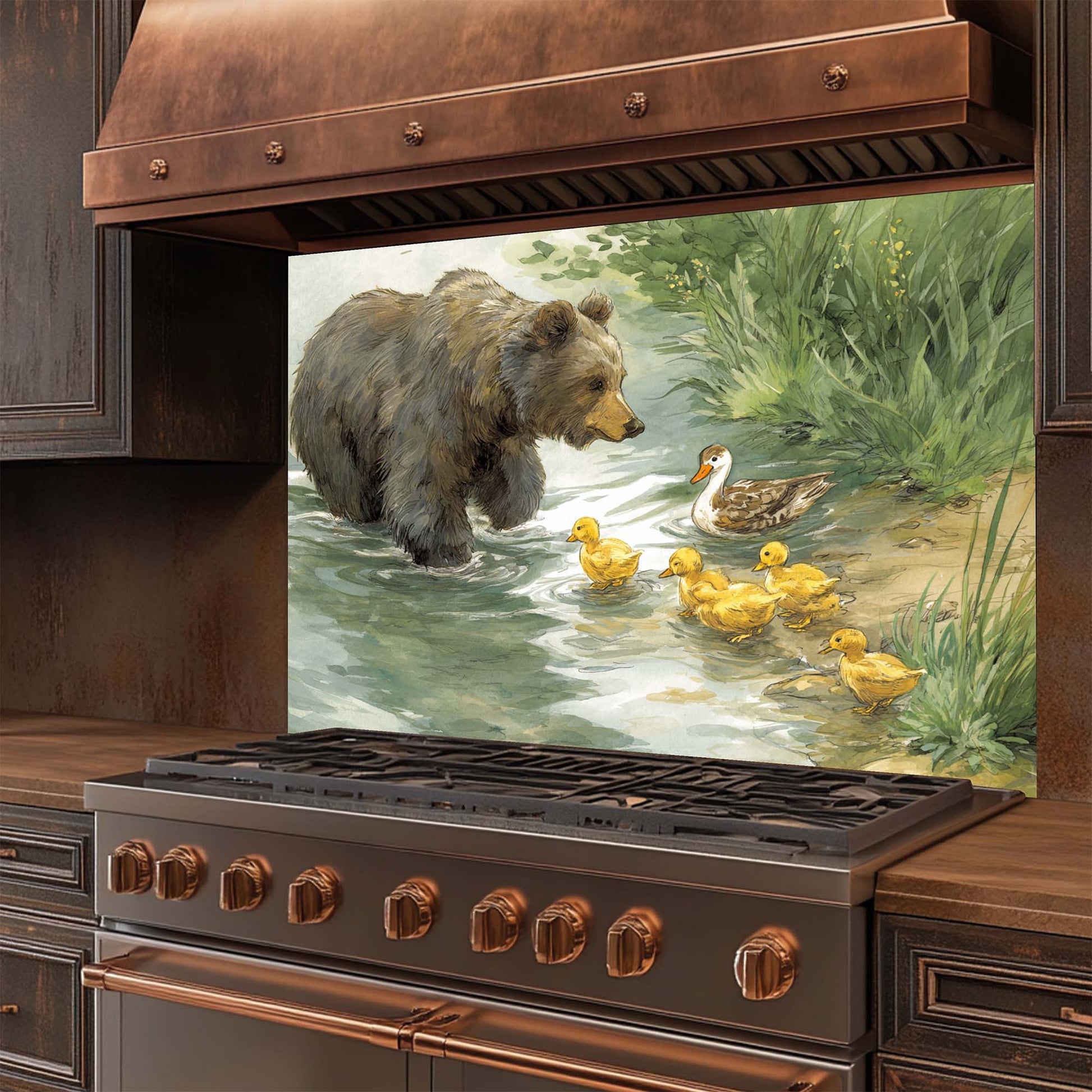 Stainless steel stove with a decorative glass backsplash featuring a bear and ducks in a natural setting.