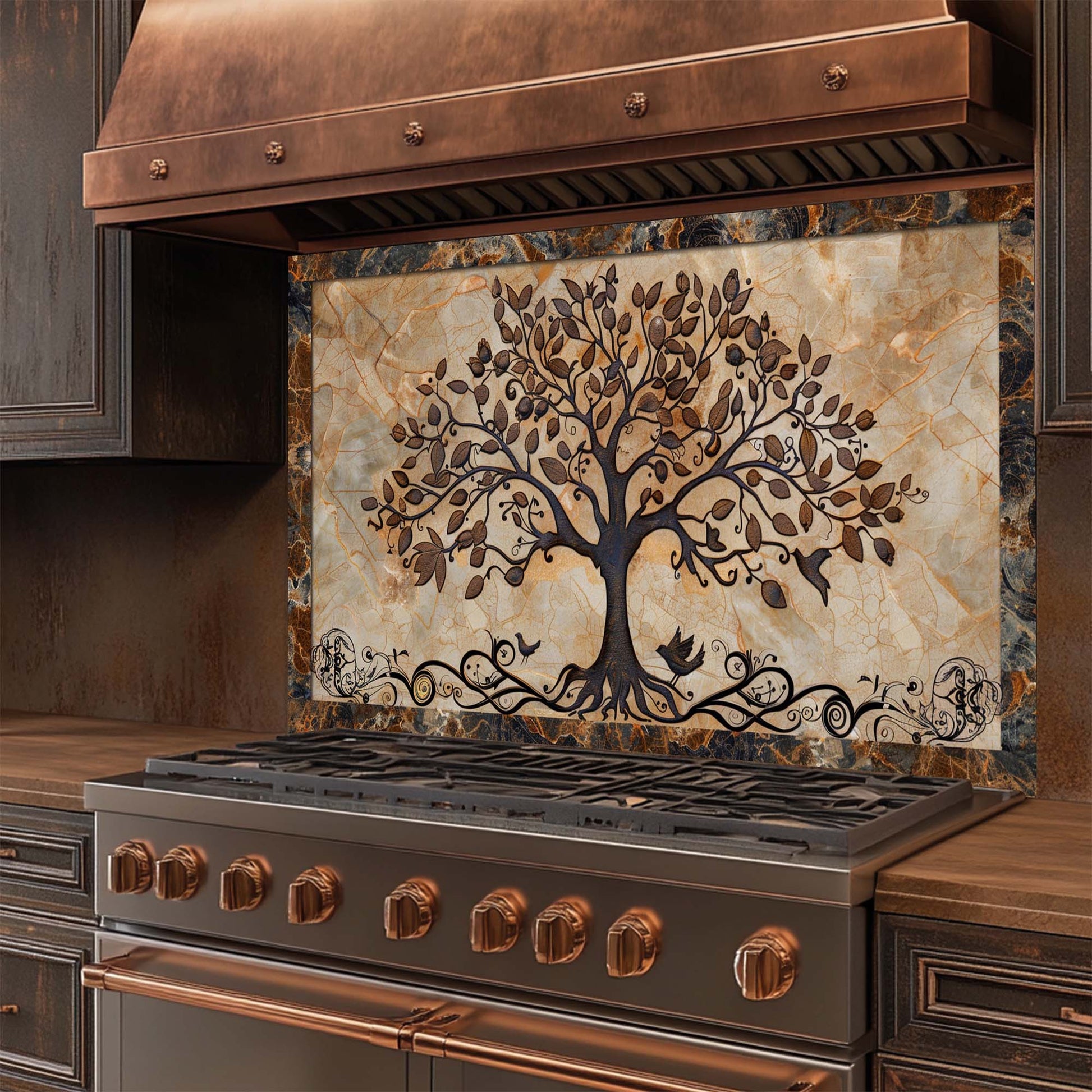 Stainless steel stove with decorative glass backsplash featuring a tree design in a kitchen setting.