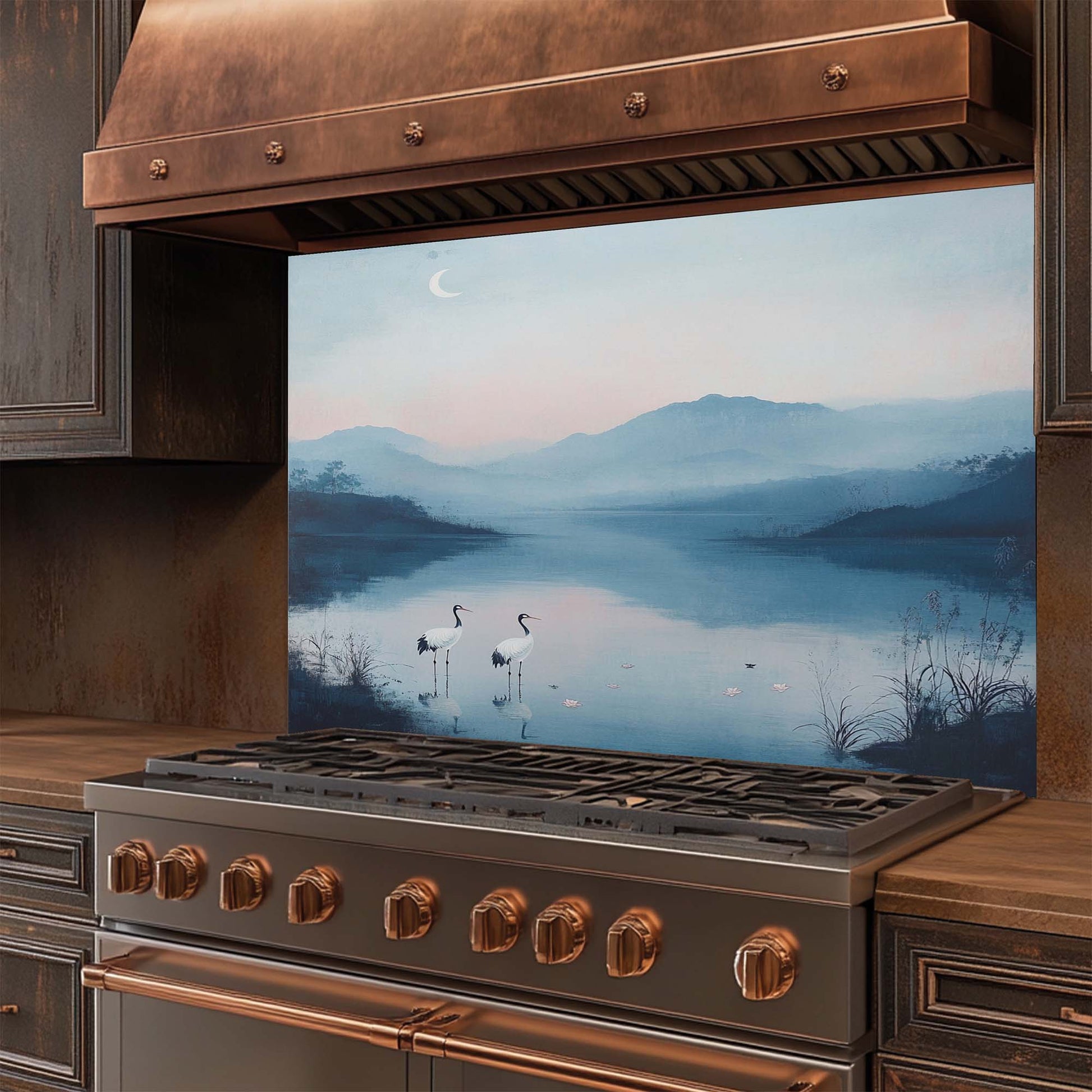 Tempered Glass Backsplash – Elegant Lake View with Cranes and Crescent Moon, Blue Serene Kitchen Backsplash