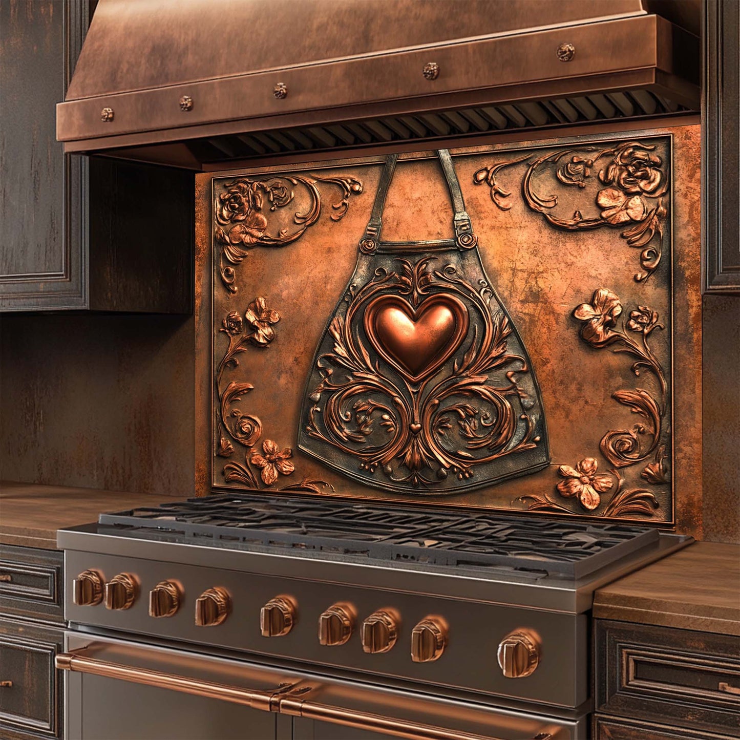 Decorative glass backsplash with heart design in a kitchen setting
