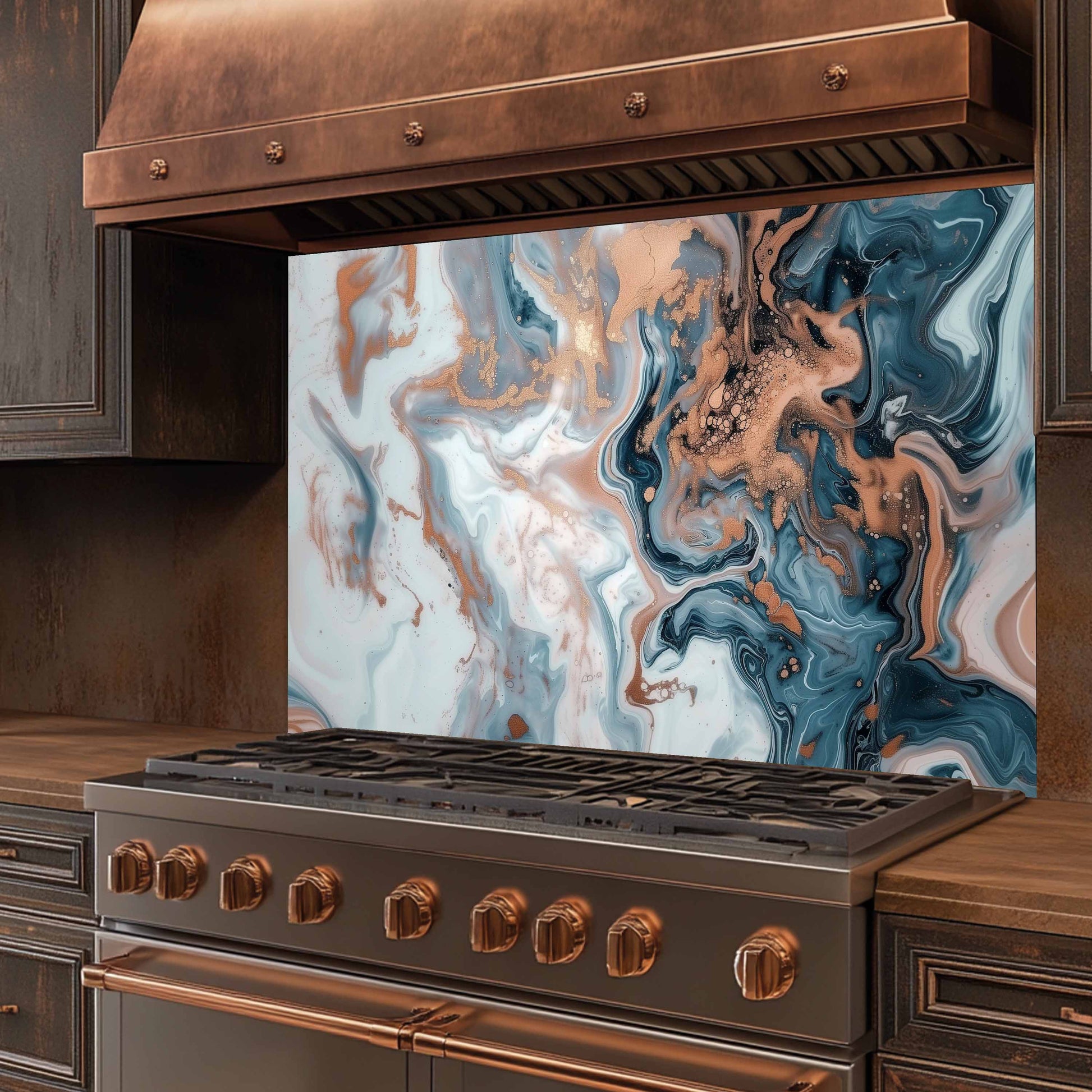 Stainless steel stove with copper accents in a kitchen setting, featuring a decorative backsplash.