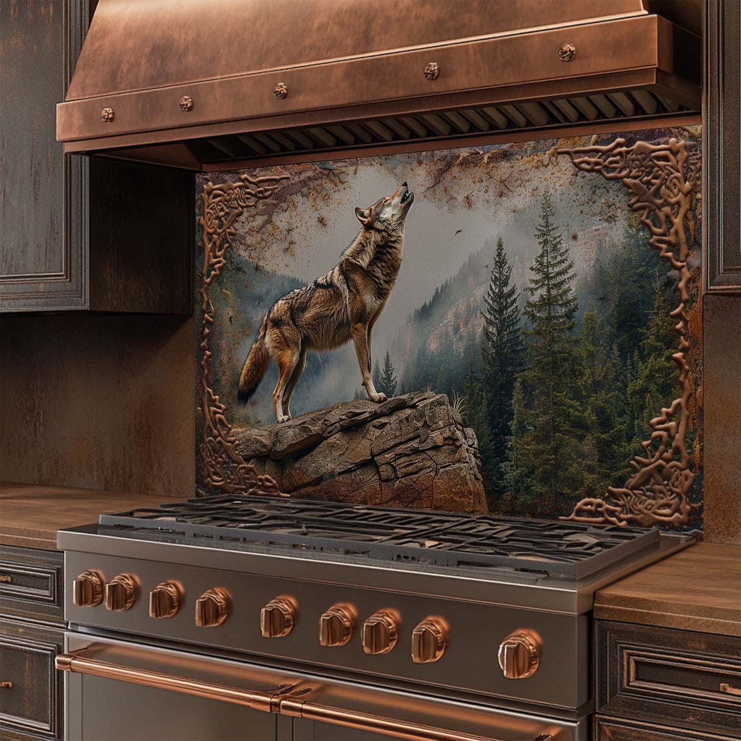 Stainless steel stove with copper accents featuring a wolf artwork on the glass backsplash