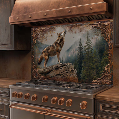 Stainless steel stove with copper accents featuring a wolf artwork on the glass backsplash