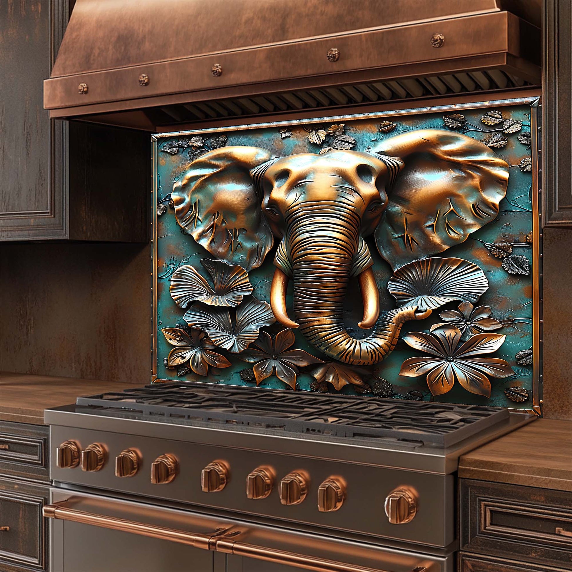 Decorative glass backsplash with an elephant design in a kitchen setting