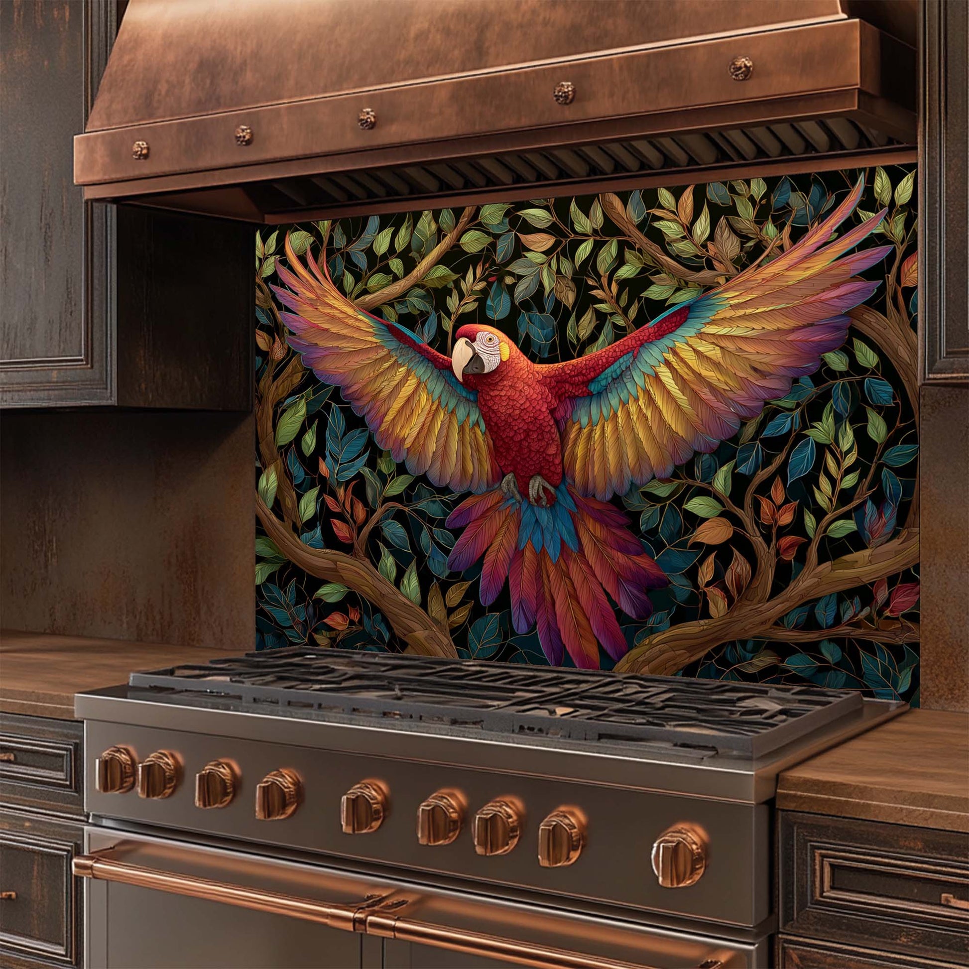 Stainless steel stove with a decorative glass backsplash featuring a colorful parrot and foliage.