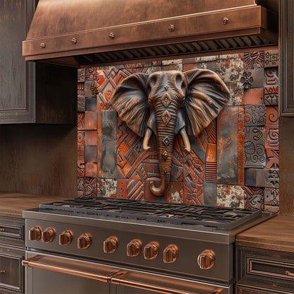 Decorative glass backsplash with elephant design above a stove in a kitchen.