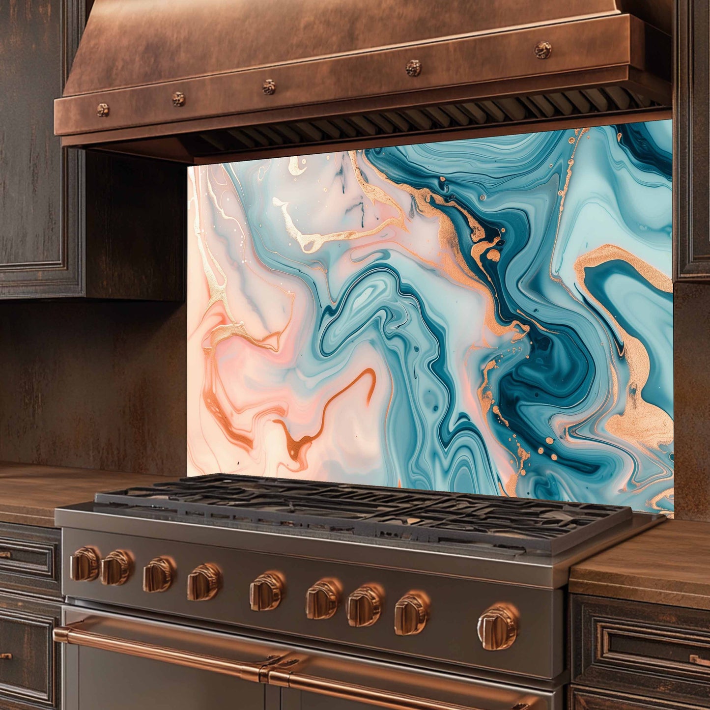 Stainless steel stove with copper accents and a colorful marble backsplash.