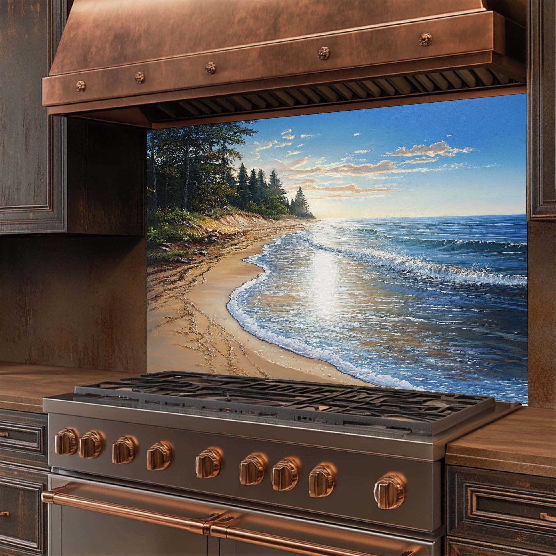 Tempered glass backsplash featuring pine trees and coastal shoreline at sunset – perfect for rustic or beach-themed kitchens.