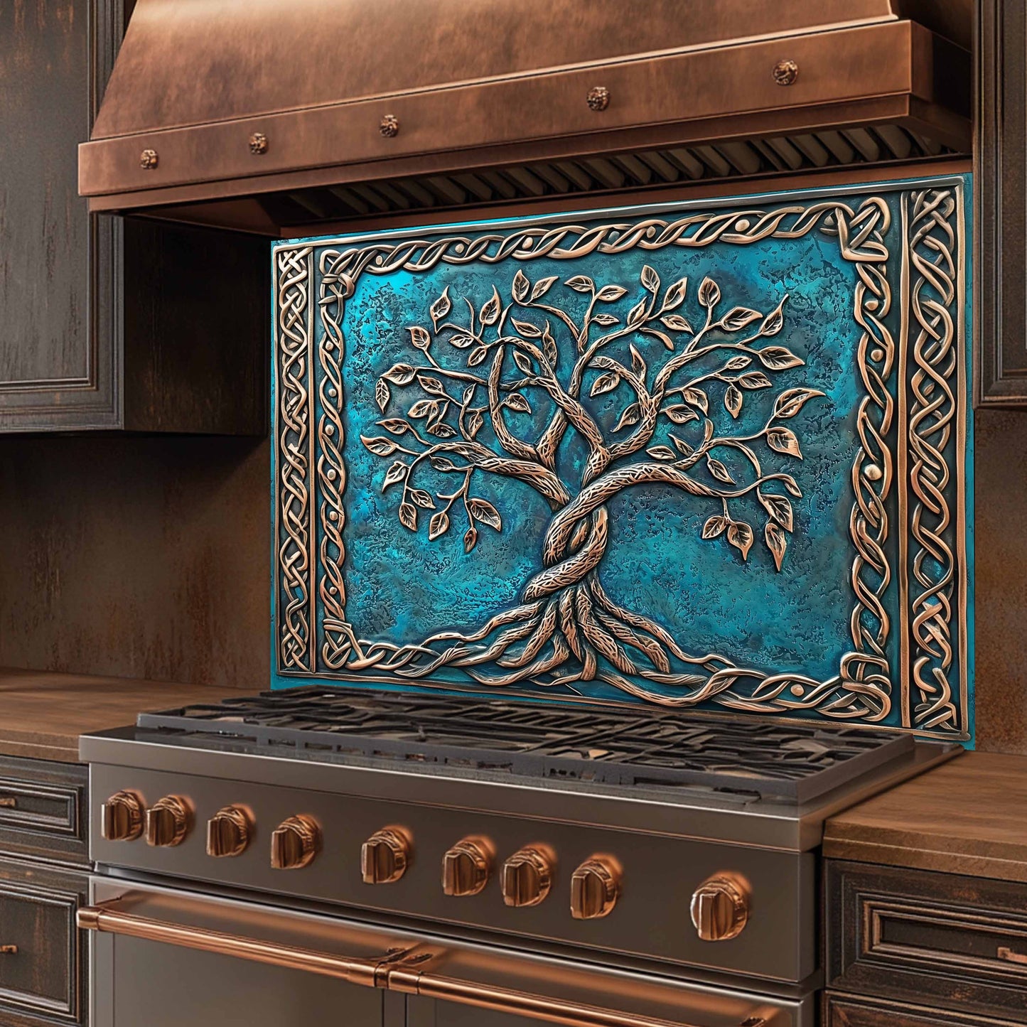 Decorative stove panel with tree design in a kitchen setting