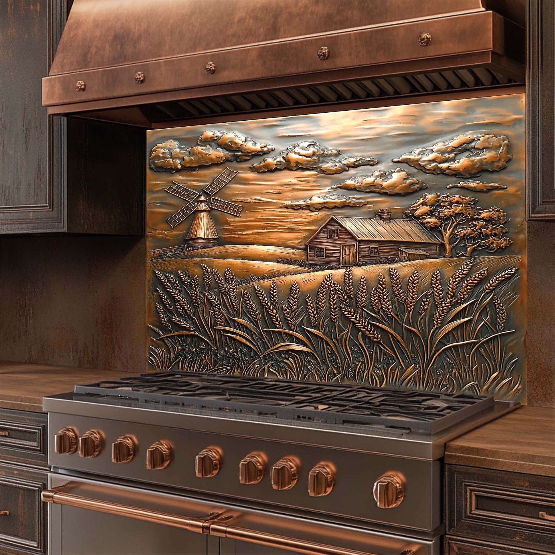 Rustic tempered glass backsplash with farmhouse, windmill, and wheat field in copper tones