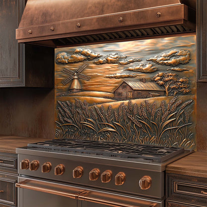 Rustic tempered glass backsplash with farmhouse, windmill, and wheat field in copper tones