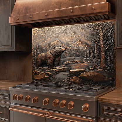 Stainless steel stove with bronze finish and bear and mountain design tempered glass backsplash
