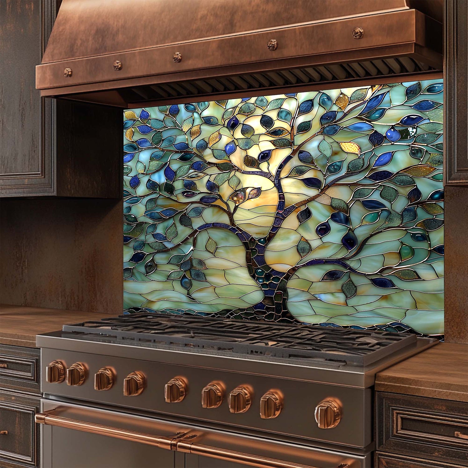 Decorative glass backsplash with tree design in a kitchen setting