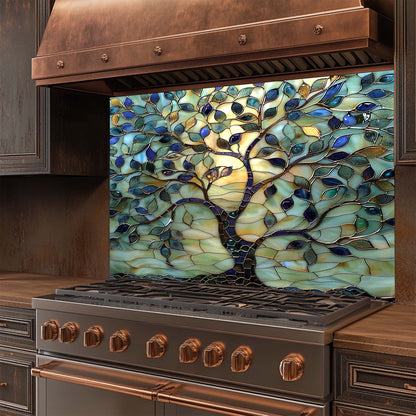 Decorative glass backsplash with tree design in a kitchen setting