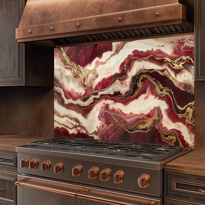 Stainless steel stove with copper accents and a marbled backsplash in a kitchen setting.